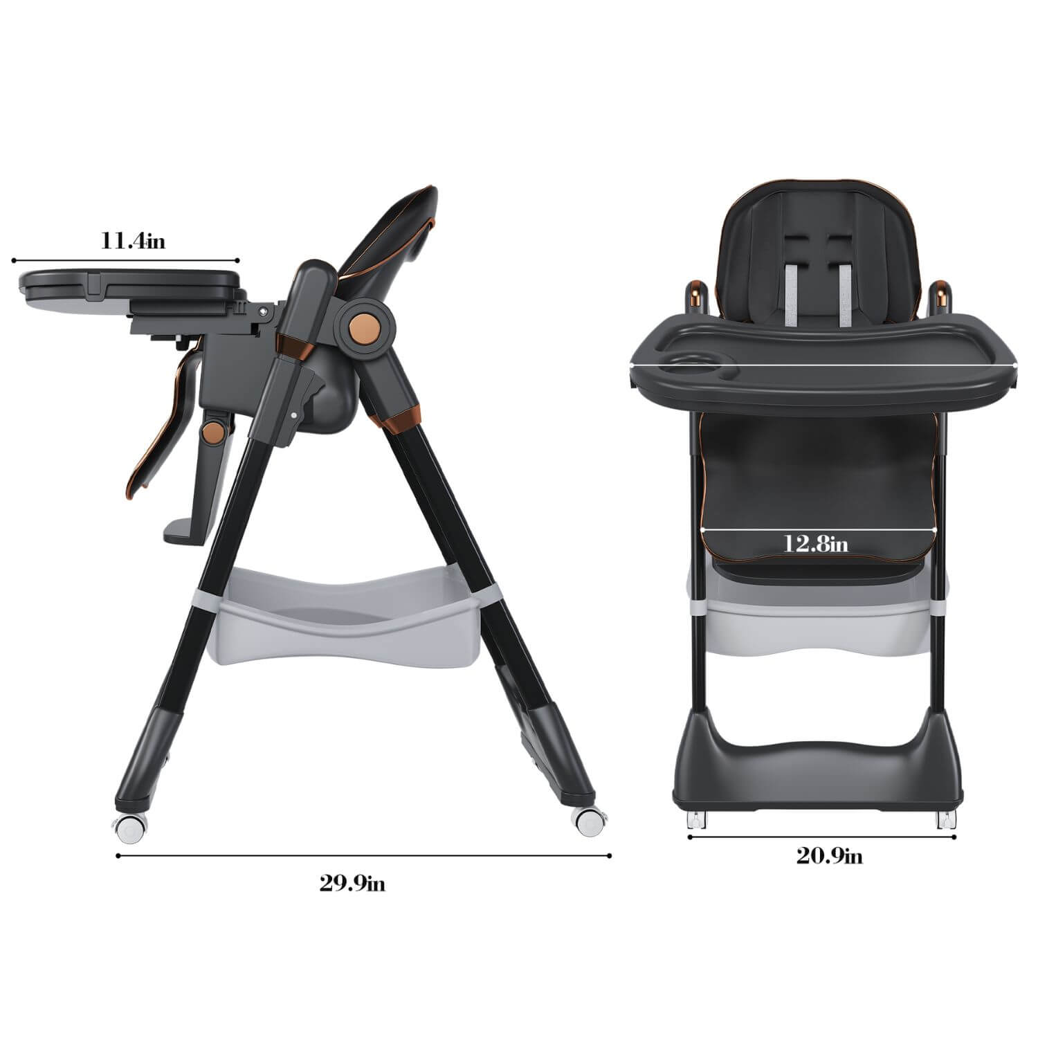 Leavader Adjustable Baby High Chair Black with stand and dimensions on a white background