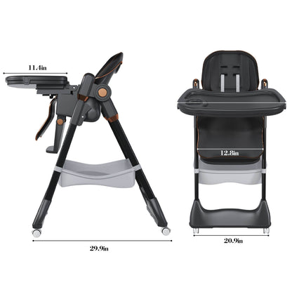 Leavader Adjustable Baby High Chair Black with stand and dimensions on a white background