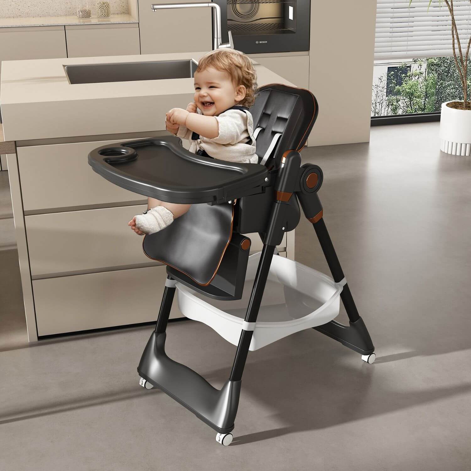 Child sitting in Leavader Adjustable Baby High Chair Black in a kitchen