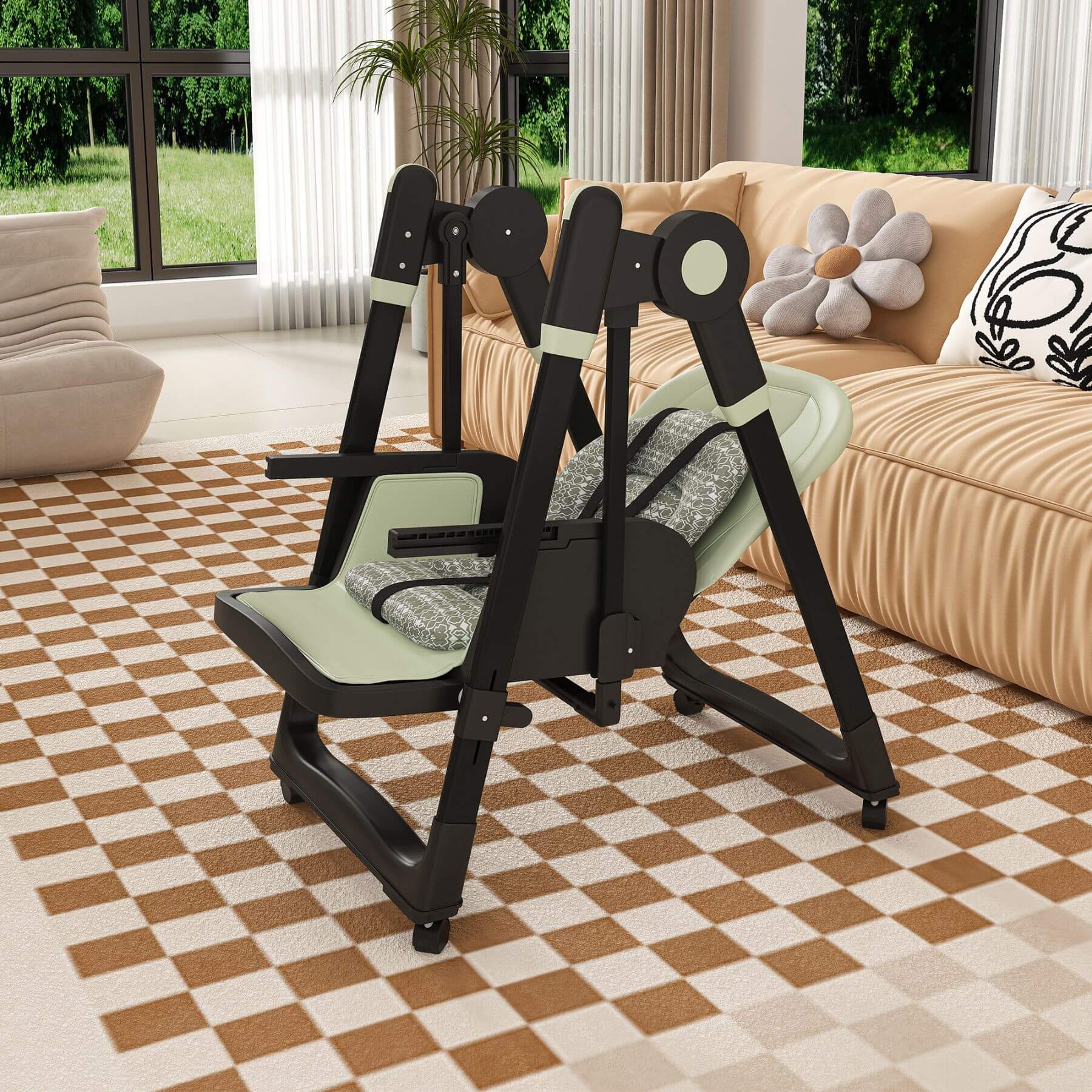 Leavader Adjustable Baby High Chair - Dark Green on a checkered floor with a couch and window in the background