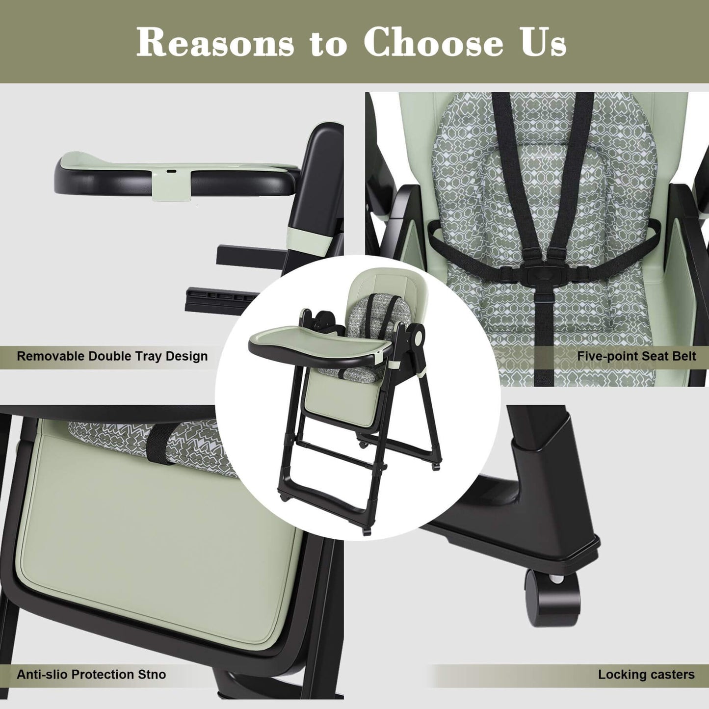 Leavader Adjustable Baby High Chair - Dark Green with features highlighted on a green background