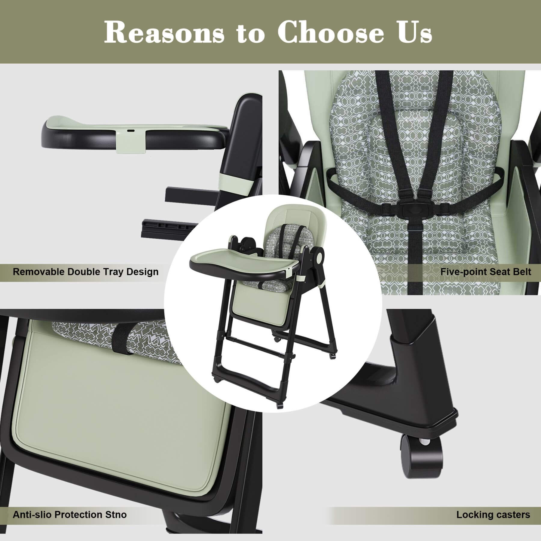 Leavader Adjustable Baby High Chair - Dark Green with features highlighted on a green background