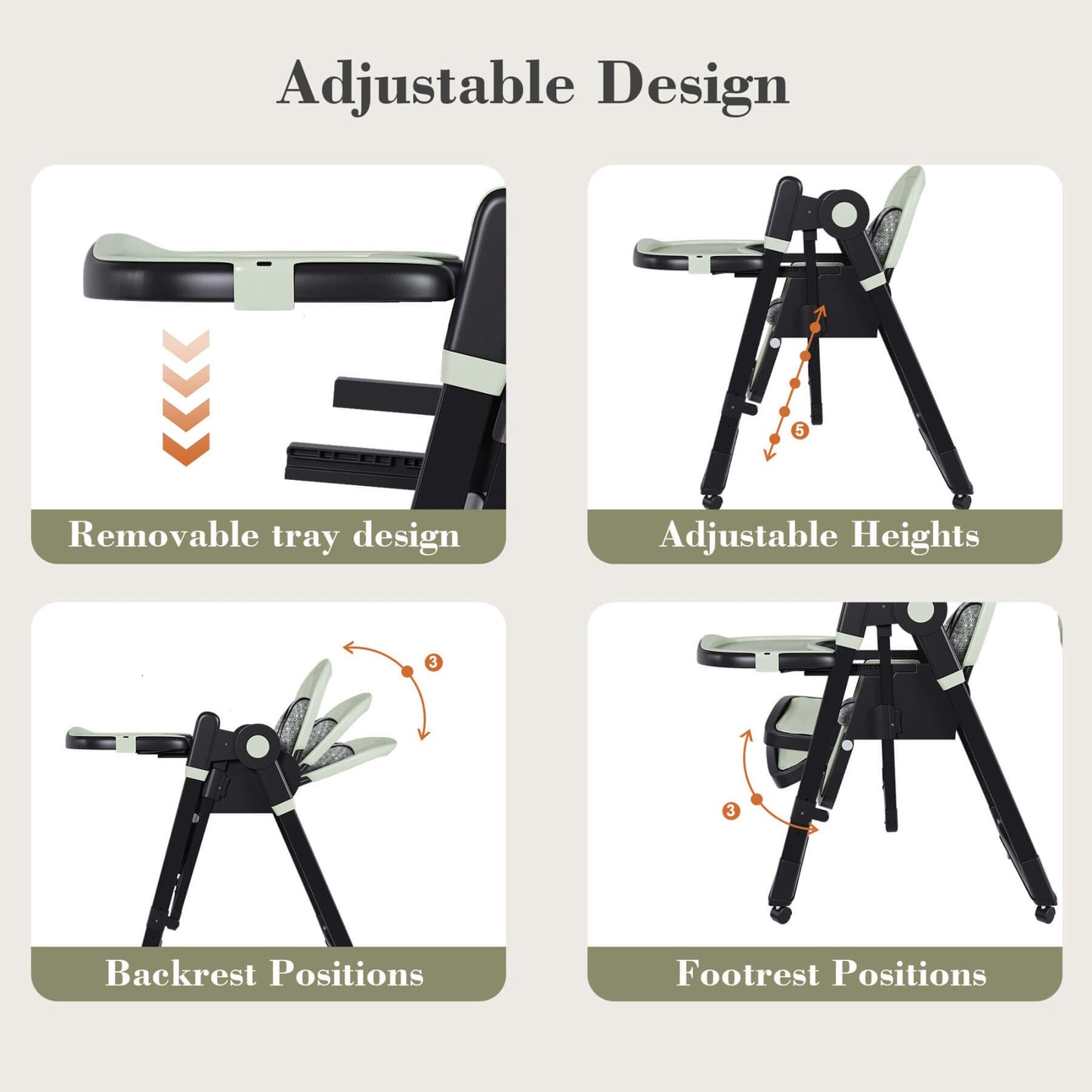 Leavader Adjustable Baby High Chair - Dark Green with features highlighted on a beige background
