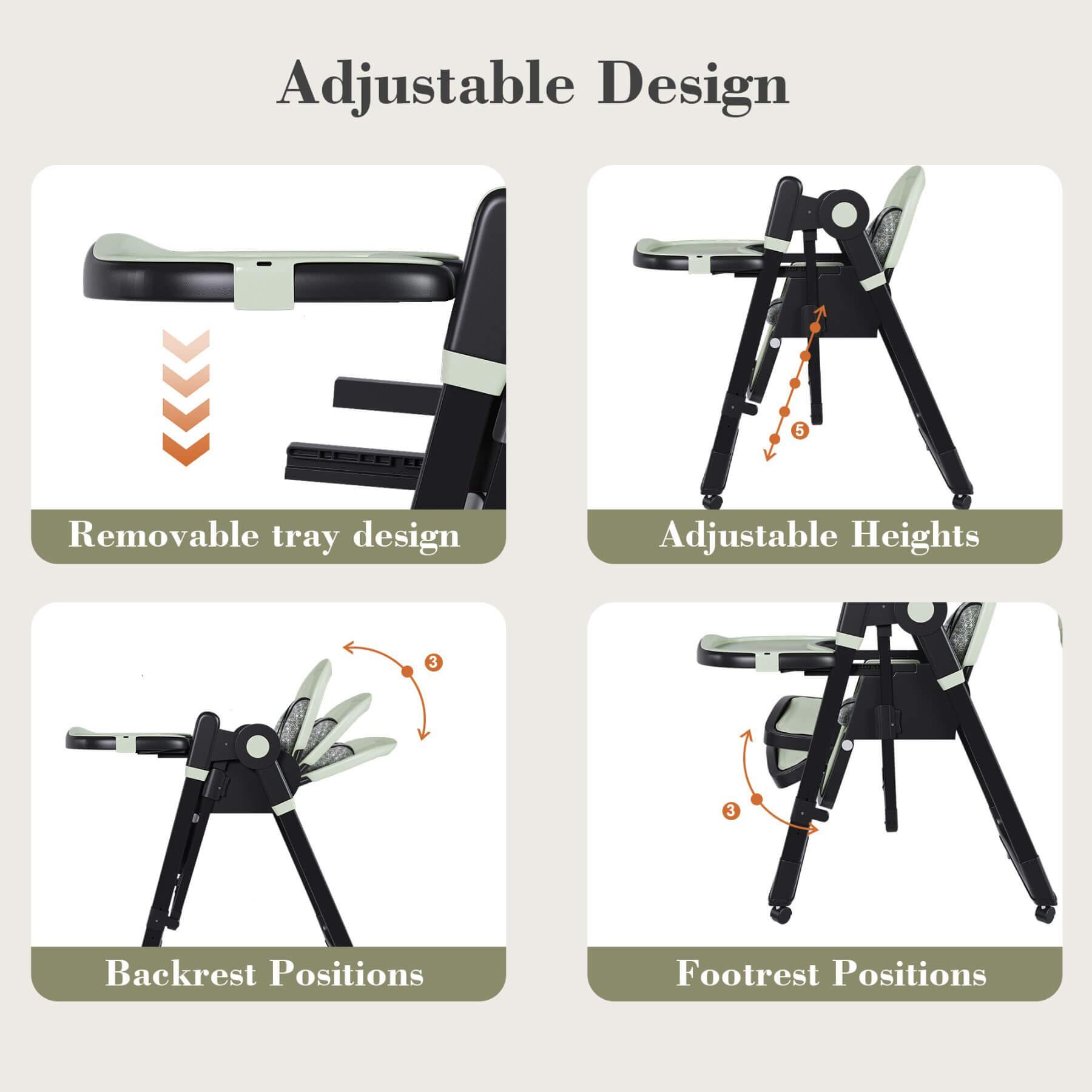 Leavader Adjustable Baby High Chair - Dark Green with features highlighted on a beige background