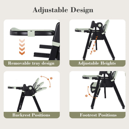 Leavader Adjustable Baby High Chair - Dark Green with features highlighted on a beige background