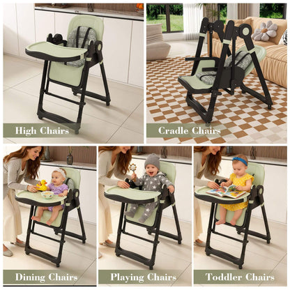 Collage of a multi-functional high chair in various settings with text labels.