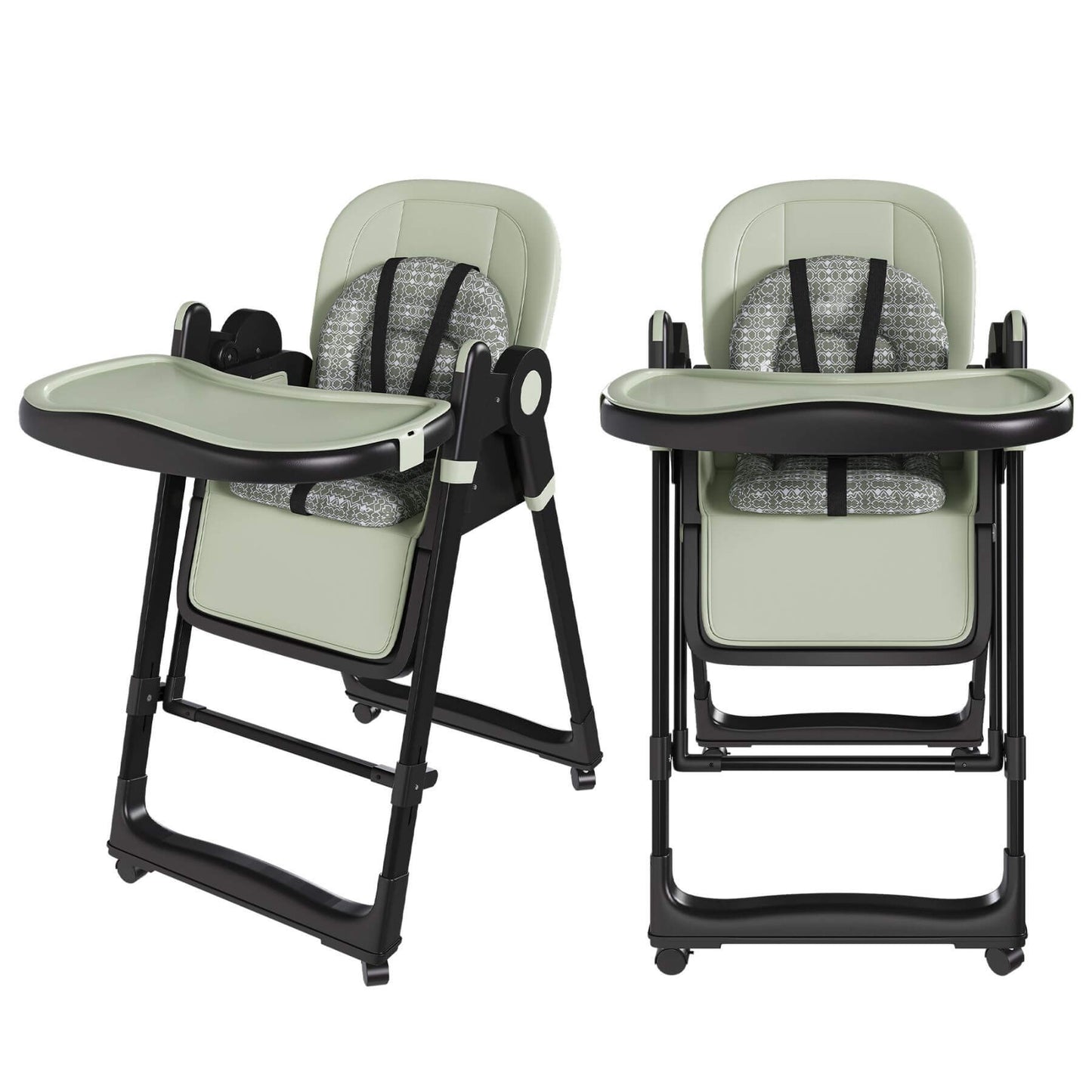 Two green high chairs with black frames on a white background