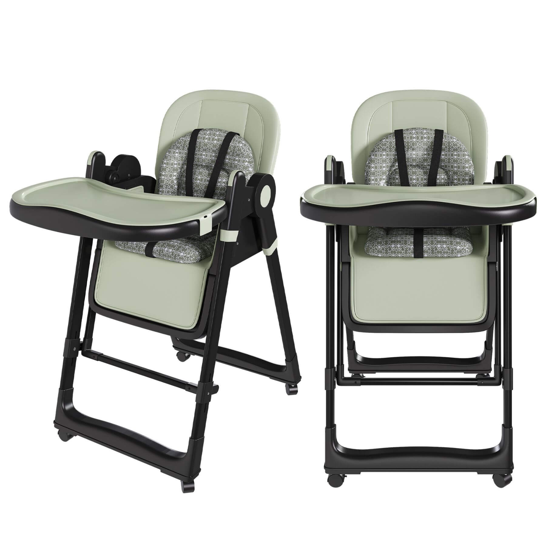 Two green high chairs with black frames on a white background