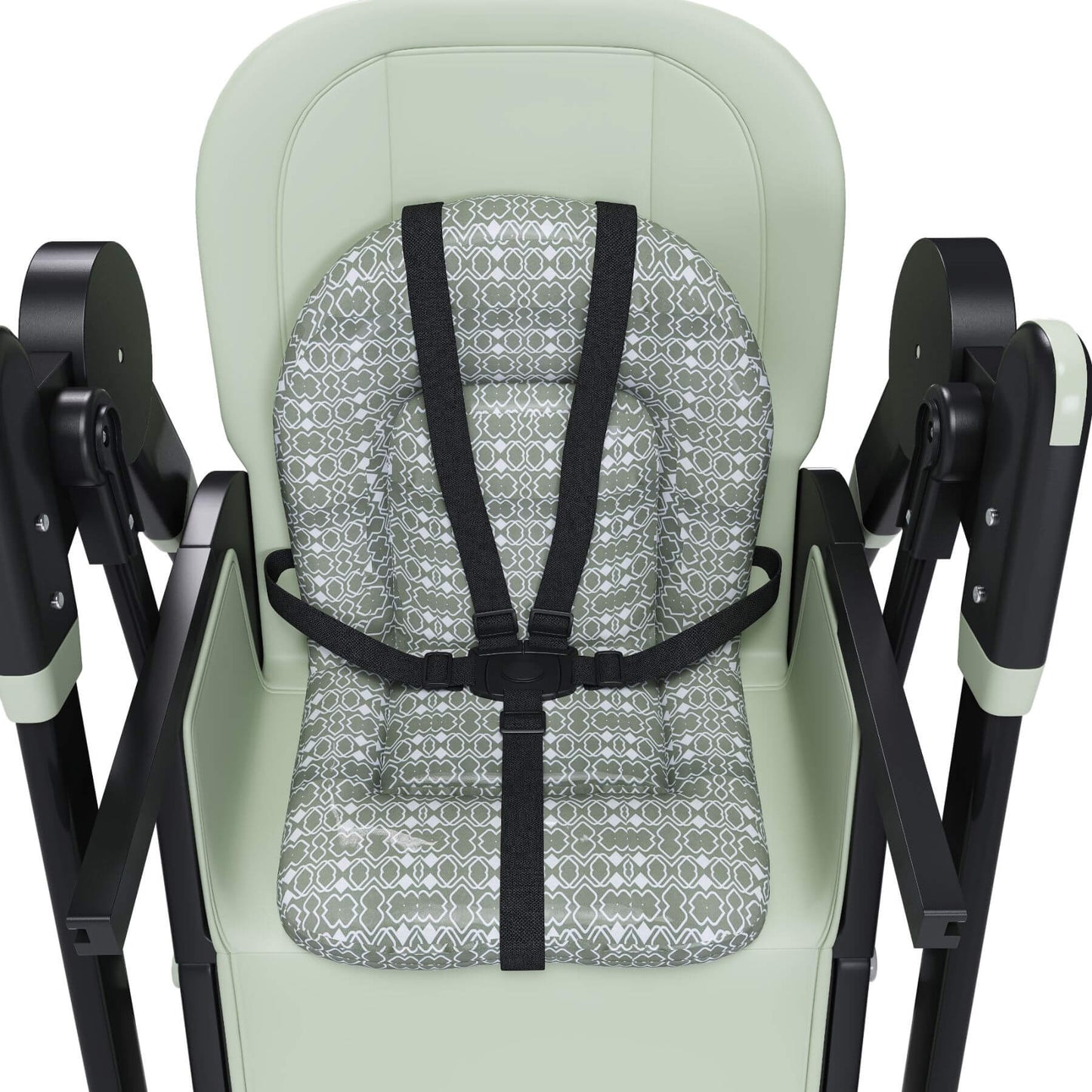High chair with patterned seat cover and black straps on a white background