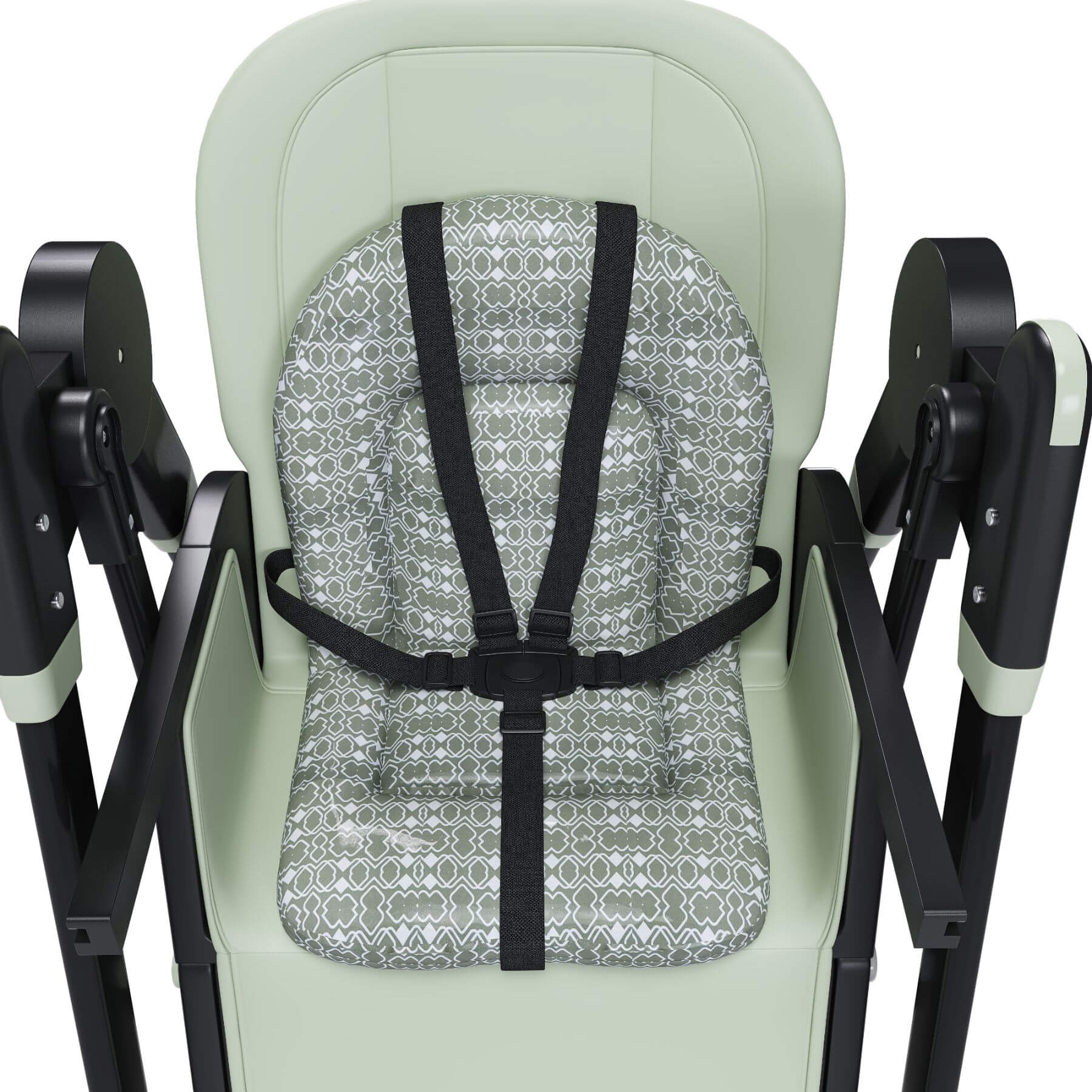 High chair with patterned seat cover and black straps on a white background