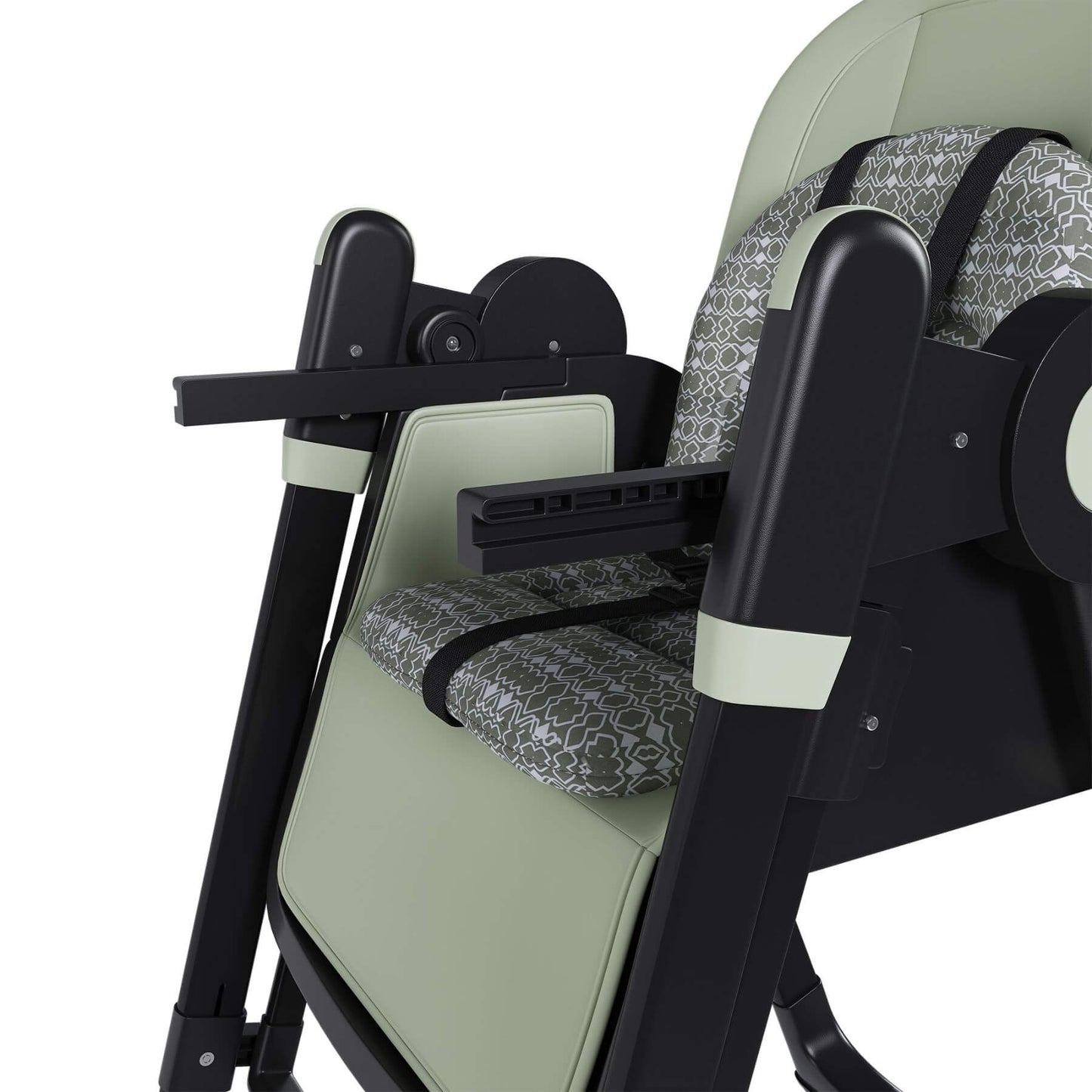 Close-up of a baby high chair with green cushion and black frame on a white background