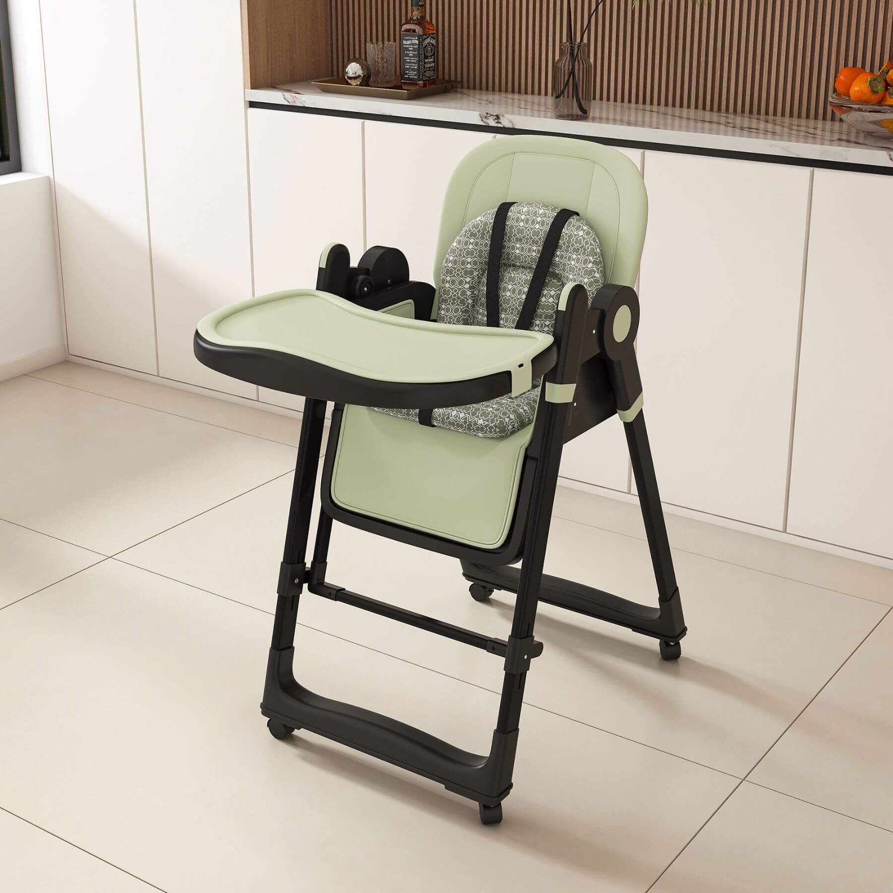 Leavader Adjustable Baby High Chair - Dark Green in a kitchen setting