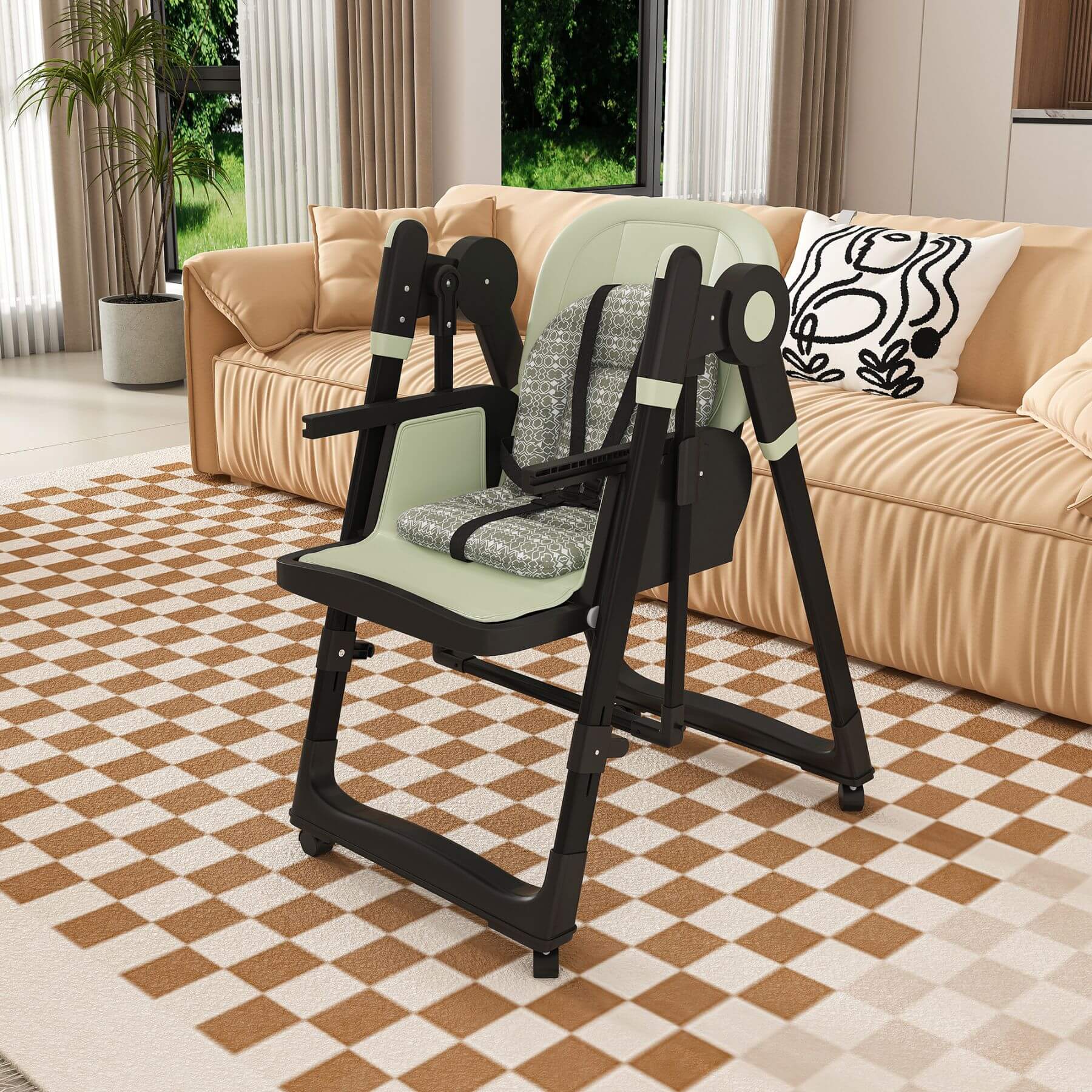 Leavader Adjustable Baby High Chair - Dark Green in a living room with beige sofa and checkered floor.