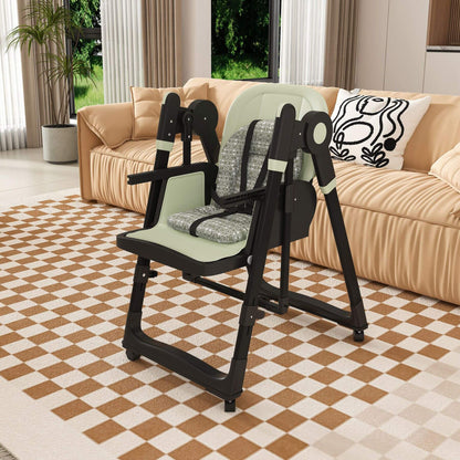 Leavader Adjustable Baby High Chair - Dark Green in a living room with beige sofa and checkered floor.