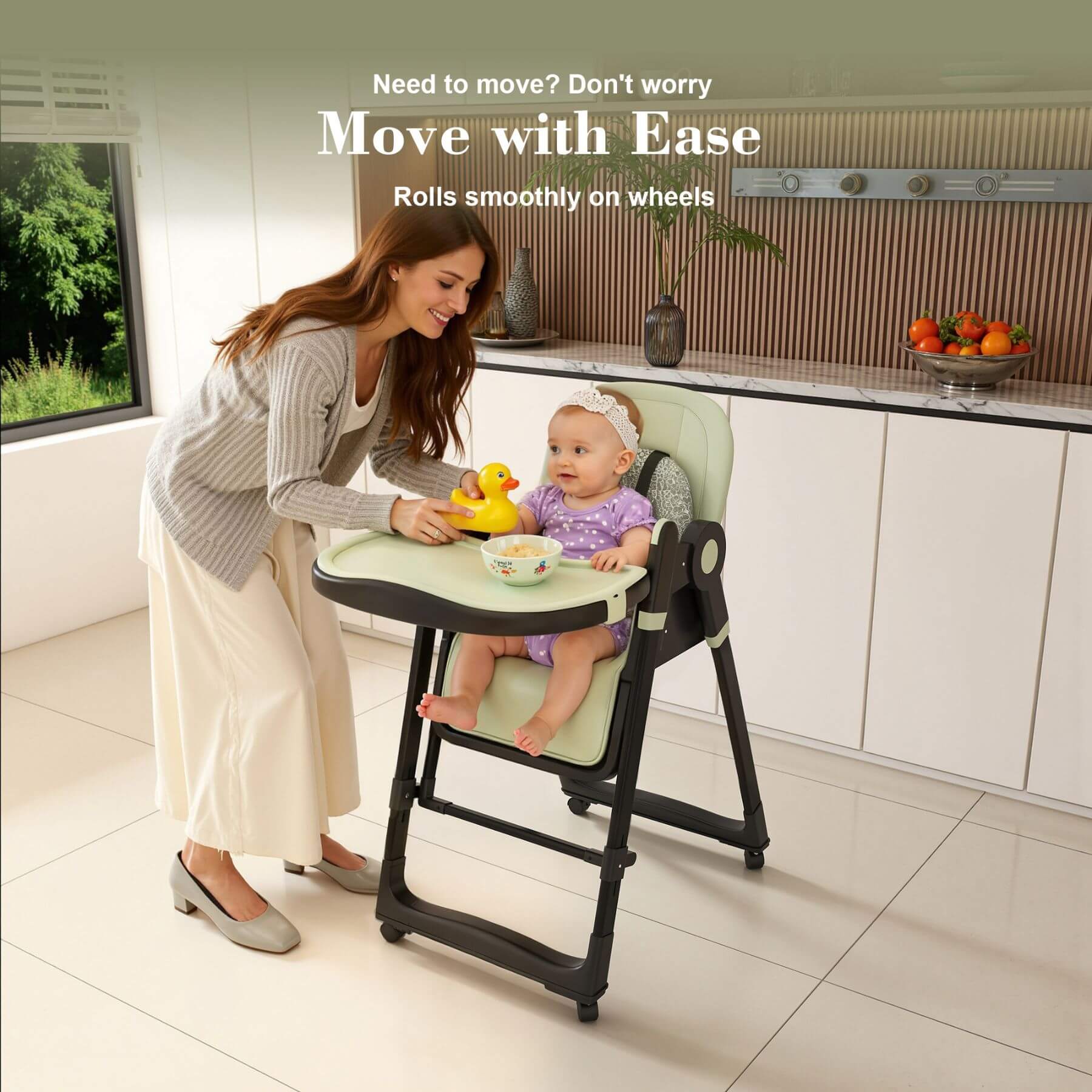 Woman and child in Leavader Adjustable Baby High Chair - Dark Green with text 'Move with Ease' in a kitchen setting.