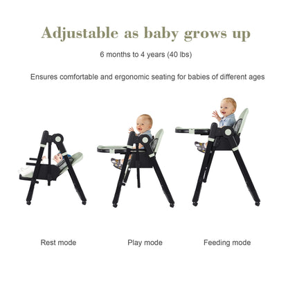 Leavader Adjustable Baby High Chair - Dark Green in different modes with text indicating adjustable design for babies from 6 months to 4 years.