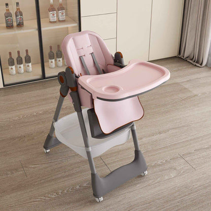 Leavader Adjustable Baby High Chair - Pink on a wooden floor with bottles in the background