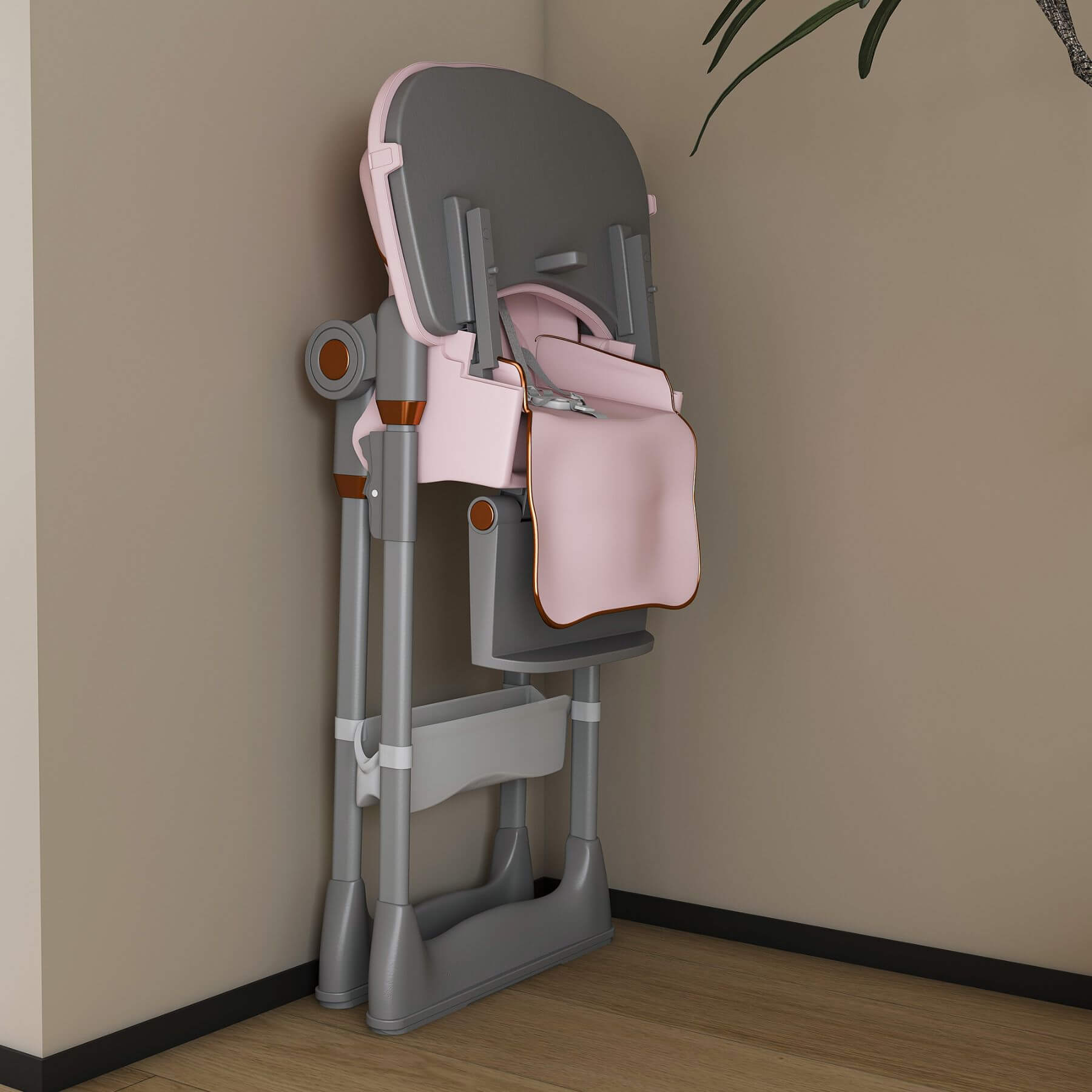 Leavader Adjustable Baby High Chair - Pink against a beige wall.