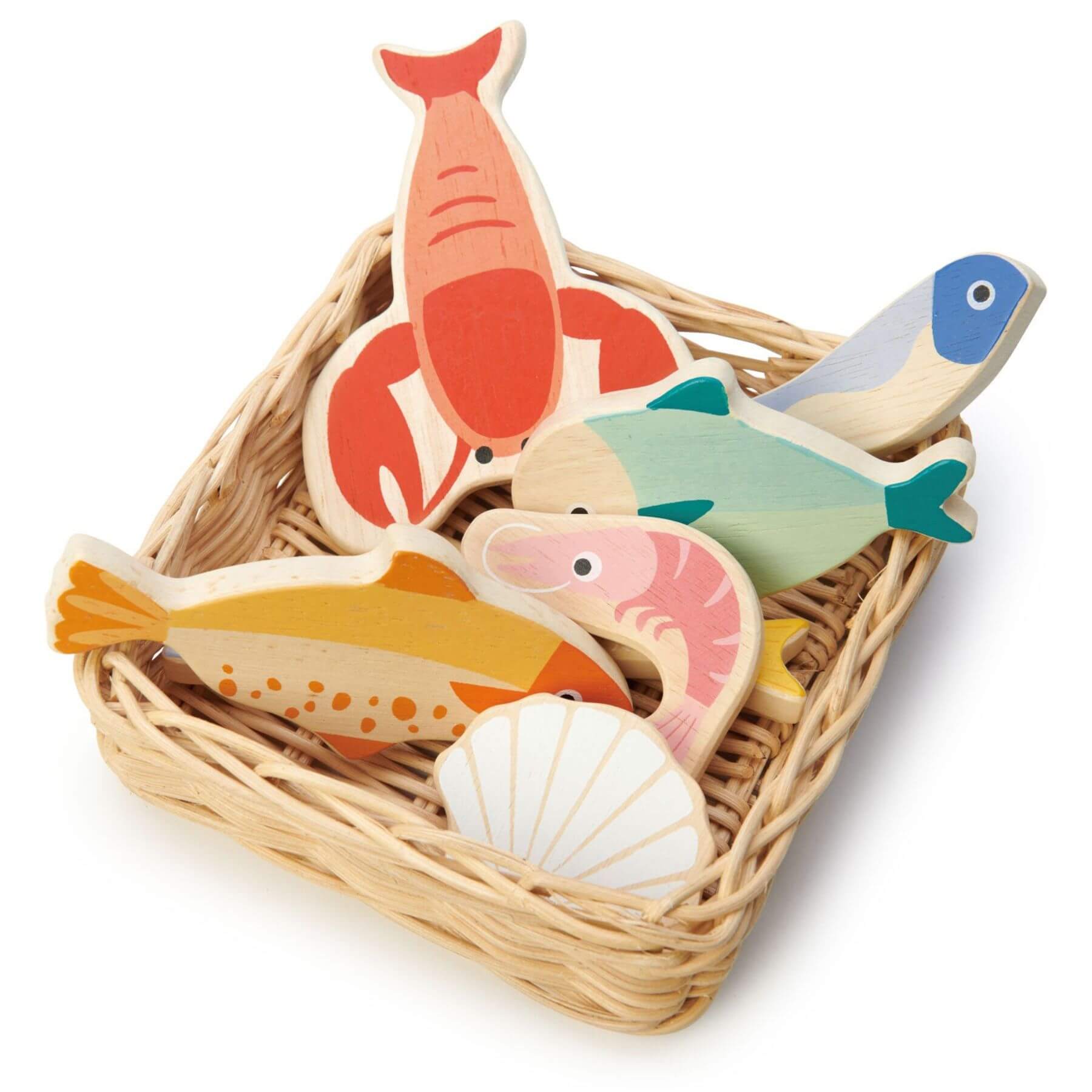 Wooden sea creature toys in a wicker basket on a white background