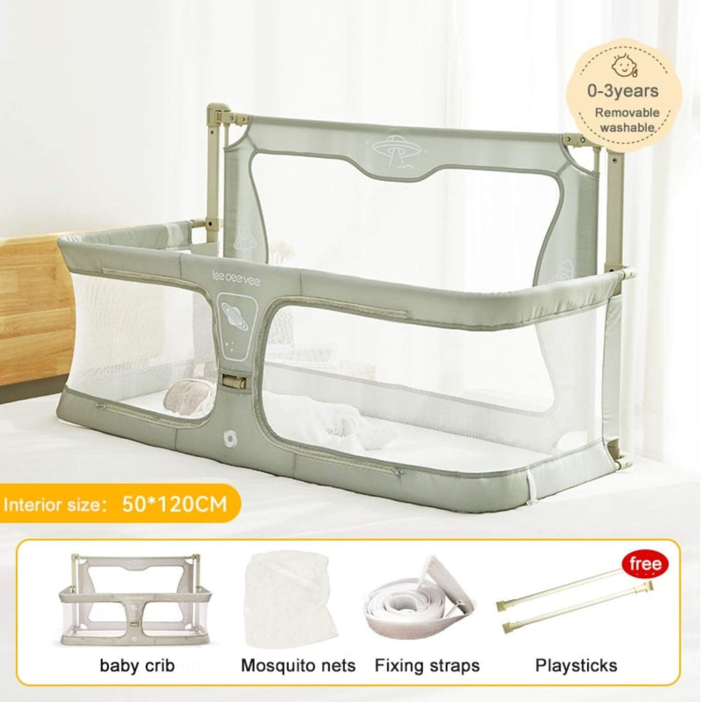 Portable Lightweight Baby Cot Dual-Use: Bedside Crib & Security Rail and accessories on a white background
