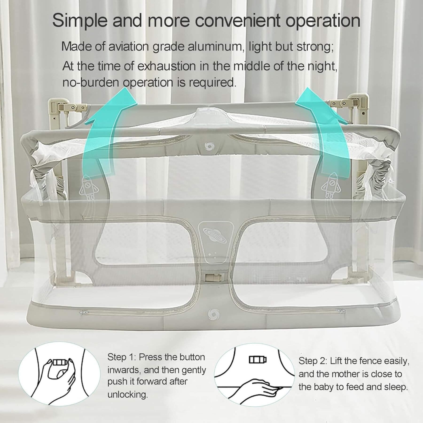 Portable Lightweight Baby Cot Dual-Use: Bedside Crib & Security Rail and instructions on how to operate it.
