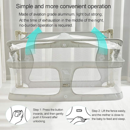 Portable Lightweight Baby Cot Dual-Use: Bedside Crib & Security Rail and instructions on how to operate it.