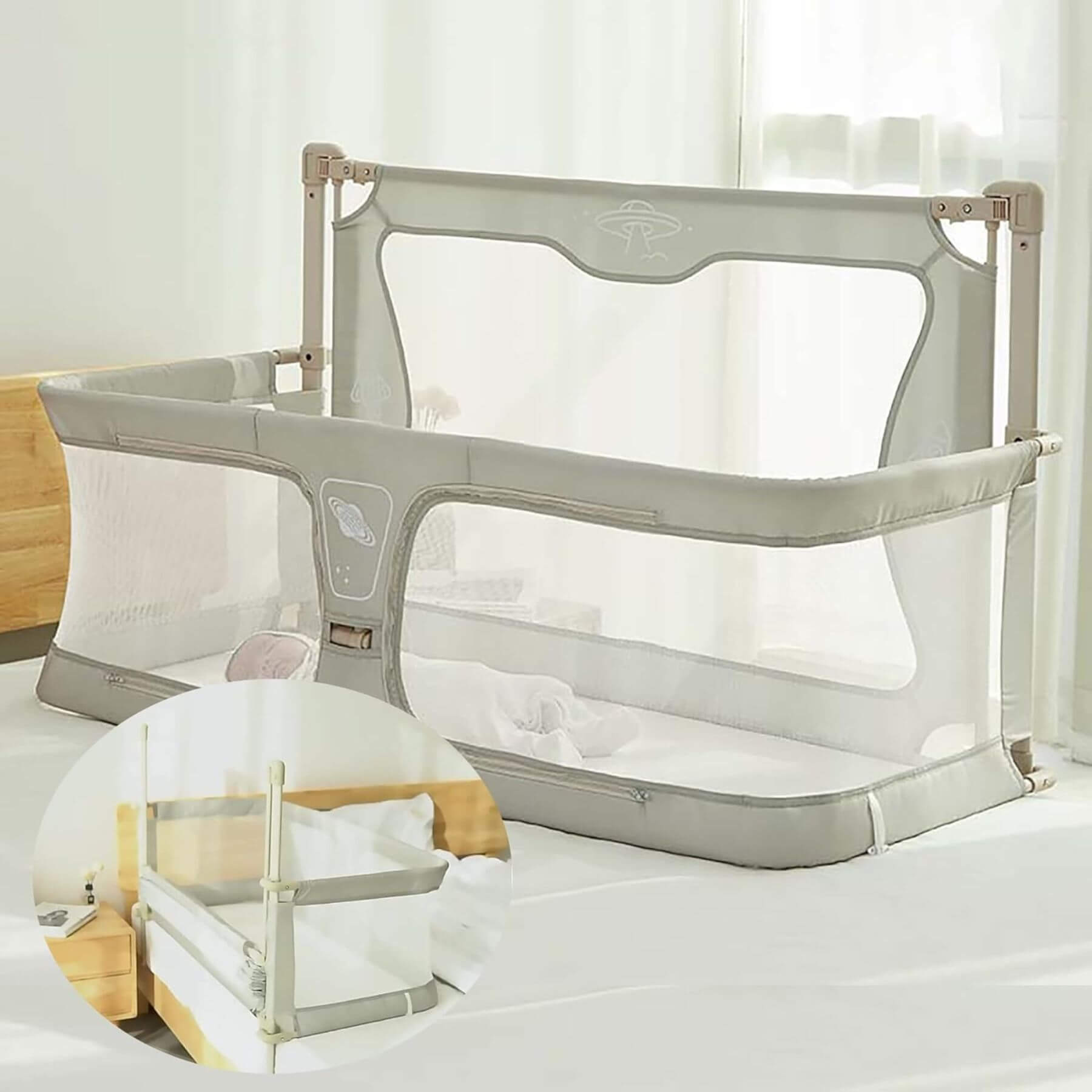 Portable Lightweight Baby Cot Dual-Use: Bedside Crib & Security Rail on a bed in a bedroom setting