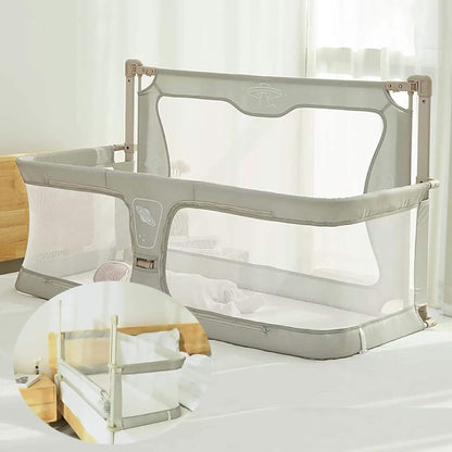 Portable Lightweight Baby Cot Dual-Use: Bedside Crib & Security Rail on a bed in a bedroom setting