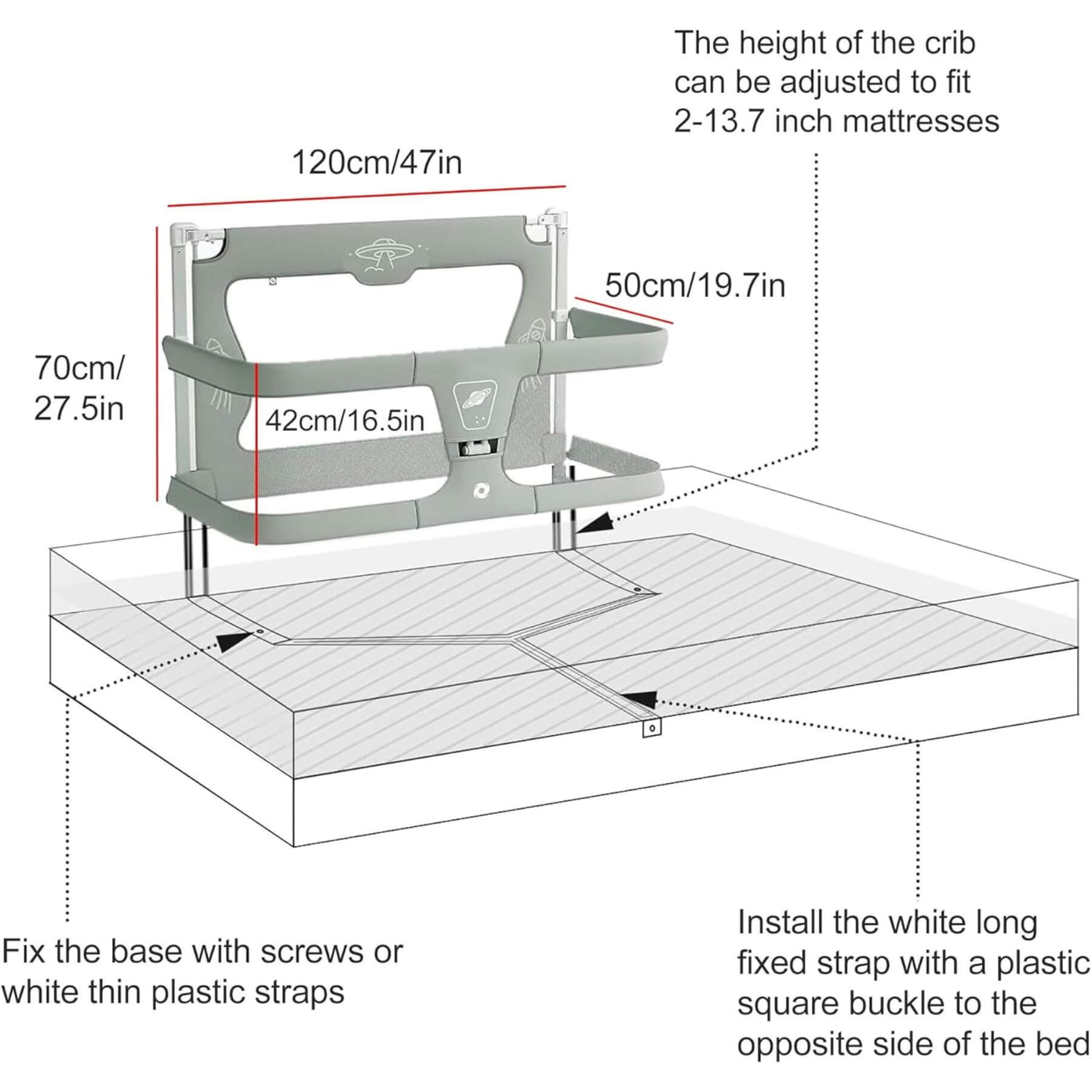 Diagram of Baby Cot Dual-Use with dimensions and assembly instructions on a white background