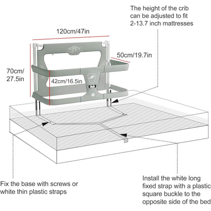 Diagram of Baby Cot Dual-Use with dimensions and assembly instructions on a white background