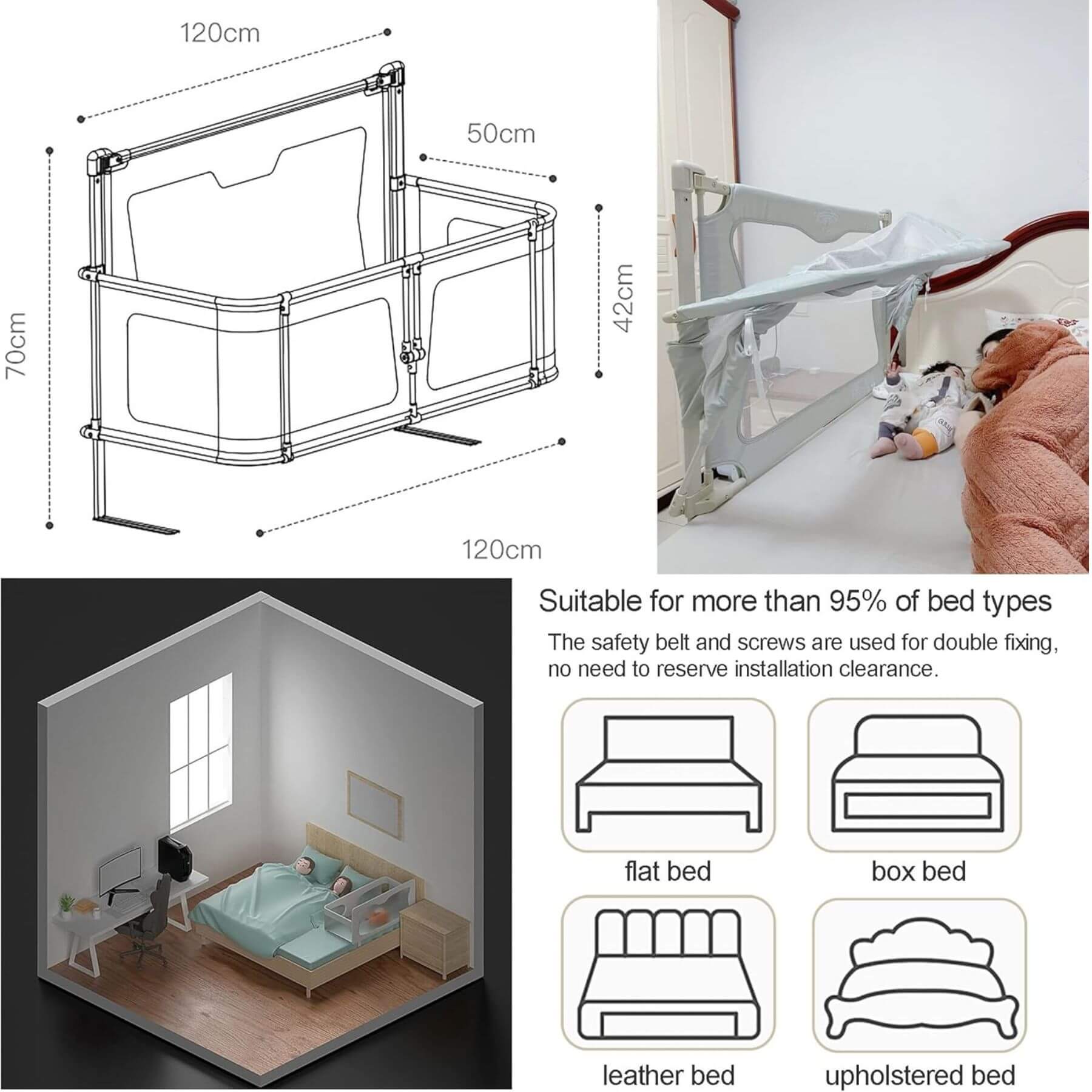 Portable Lightweight Baby Cot Dual-Use: Bedside Crib & Security Rail with dimensions and usage examples in a bedroom setting.