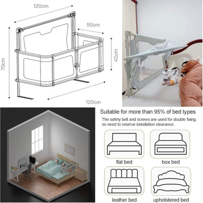 Portable Lightweight Baby Cot Dual-Use: Bedside Crib & Security Rail with dimensions and usage examples in a bedroom setting.