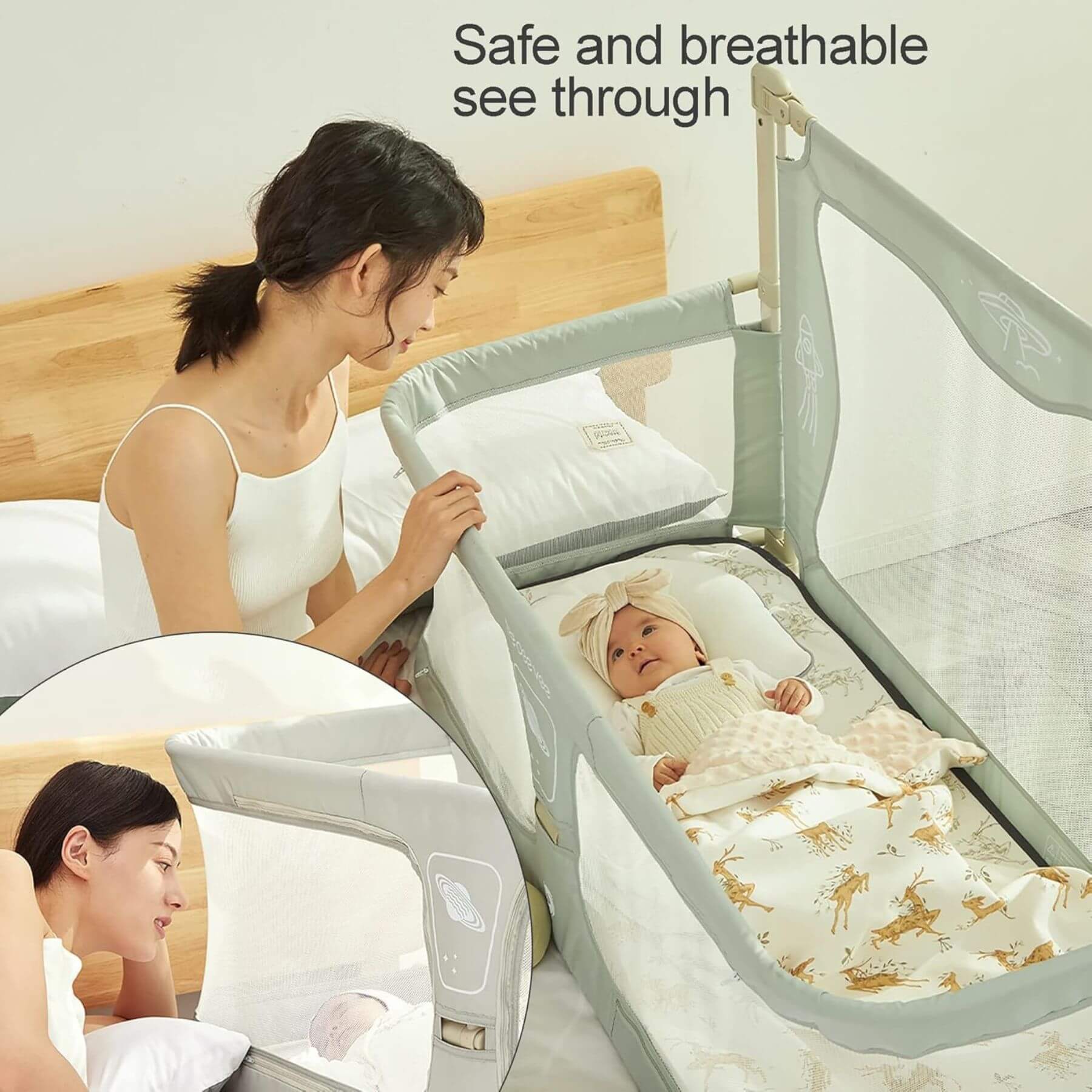 Woman sitting next to a baby in Portable Lightweight Baby Cot Dual-Use: Bedside Crib & Security Rail, indicating safety and breathability.