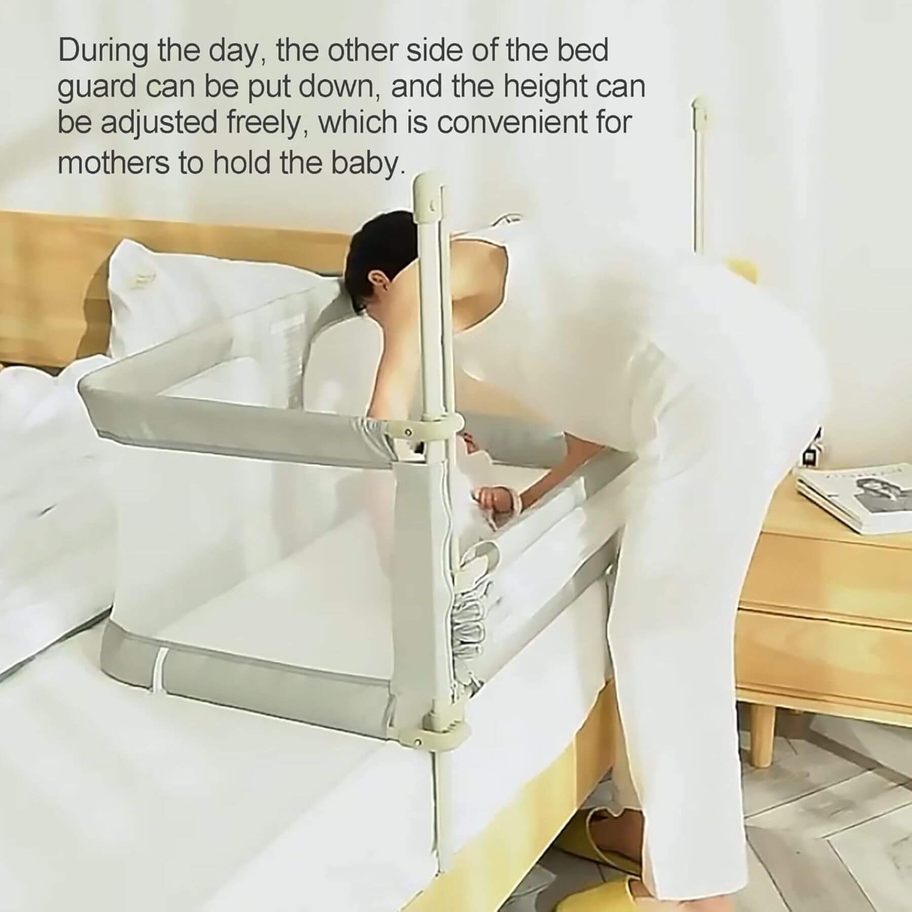 Woman using Portable Lightweight Baby Cot Dual-Use on a bed with text describing its convenience for mothers.