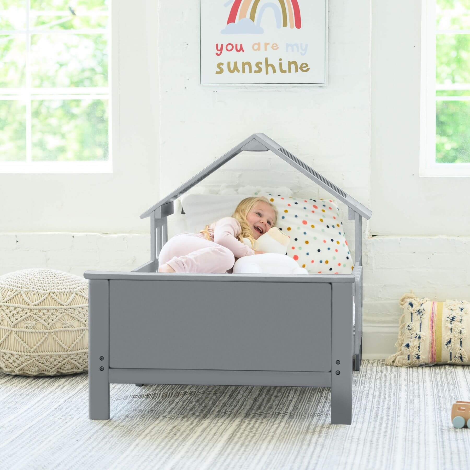 Girl Sleeping on Little Partners Lil' House Toddler Bed Silver Drop