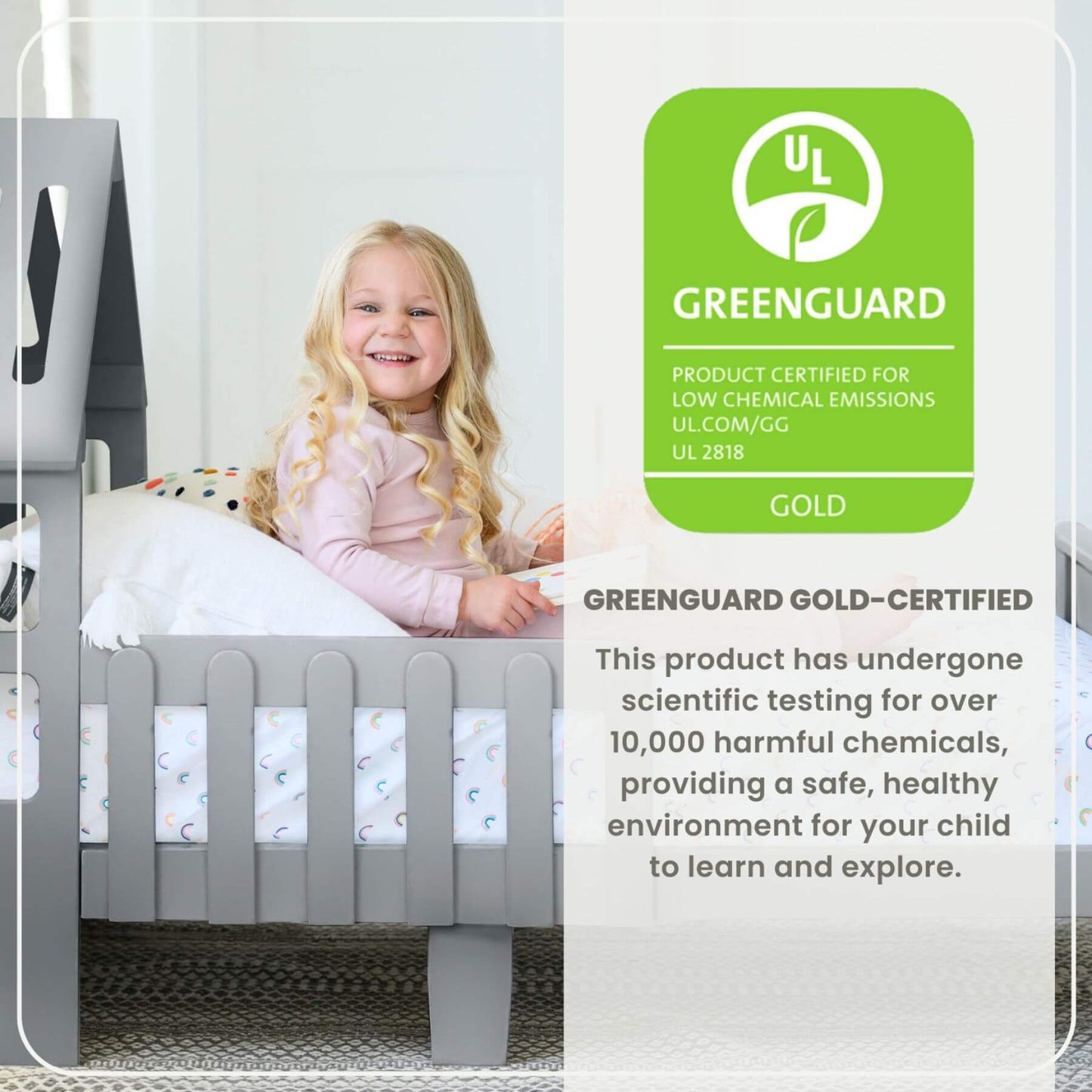 Girl Sitting on Little Partners Lil' House Toddler Bed Silver Drop