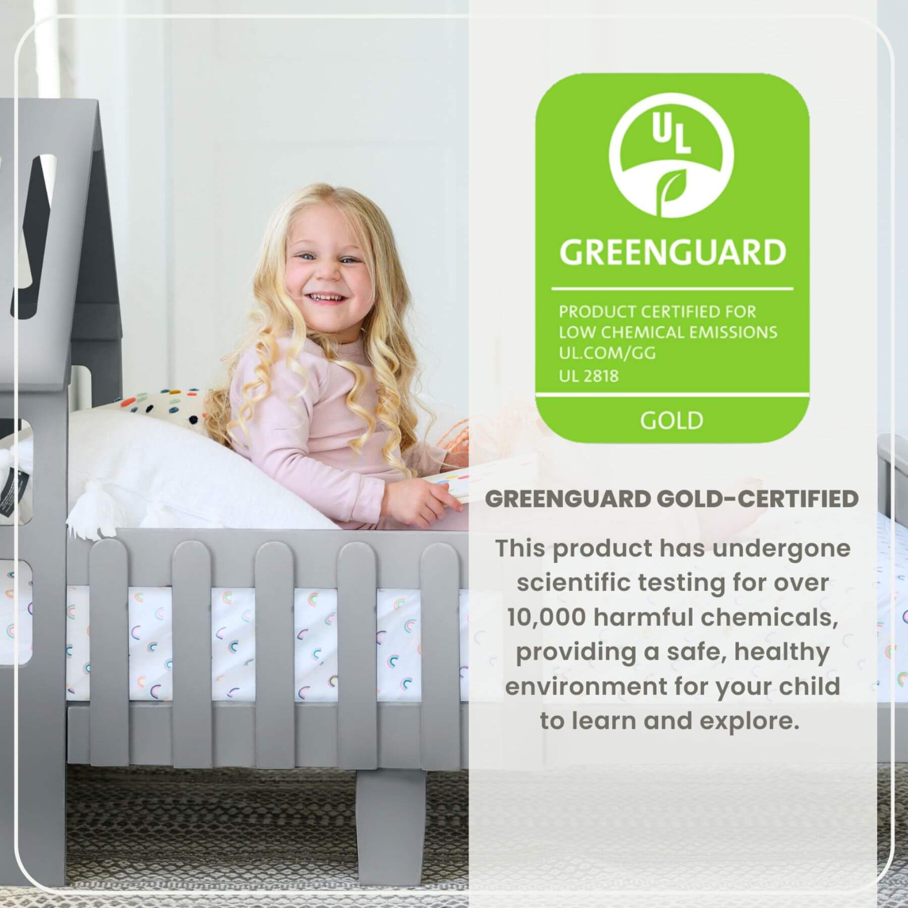Girl Sitting on Little Partners Lil' House Toddler Bed Silver Drop