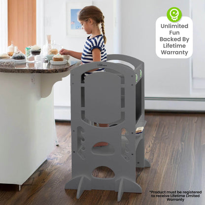 Girl Standing on Little Partners Limited Edition Learning Tower Grey, Cooking