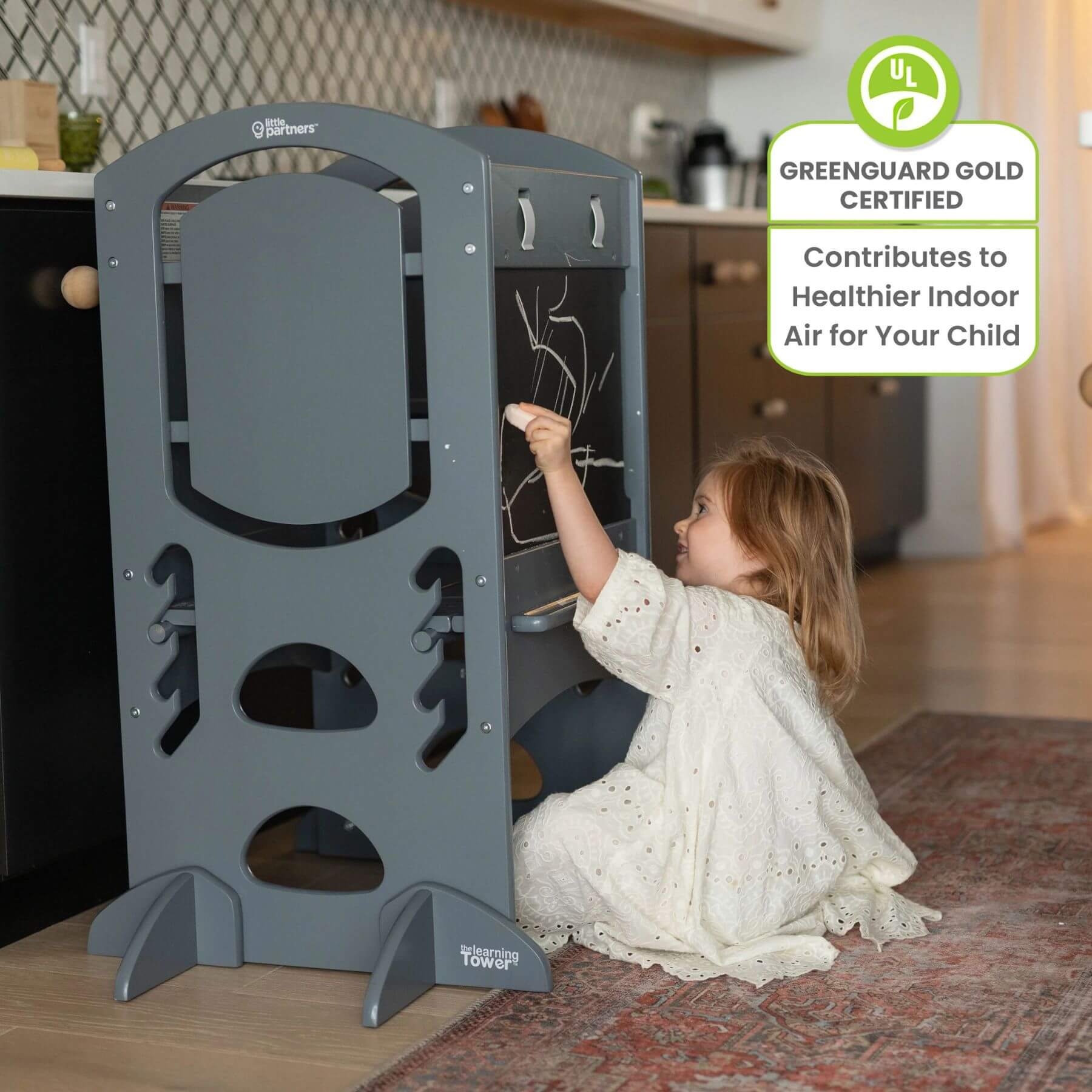 Girl Drawing on the Blackboard on Little Partners Limited Edition Learning Tower Grey
