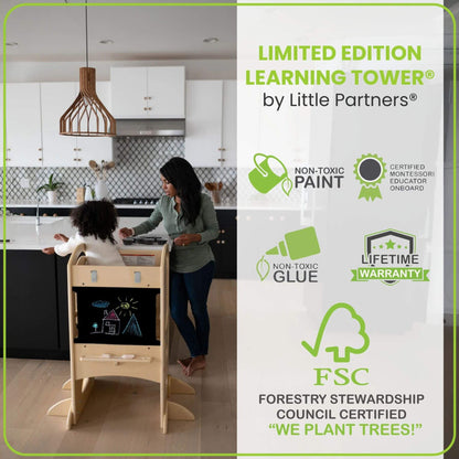 Girl Standing on Little Partners Limited Edition Learning Tower Natural, Helping mom Cook