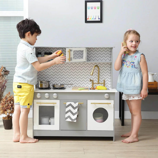 Kids Playing with Teamson Kids Little Chef Berlin Modern Play Kitchen Gray