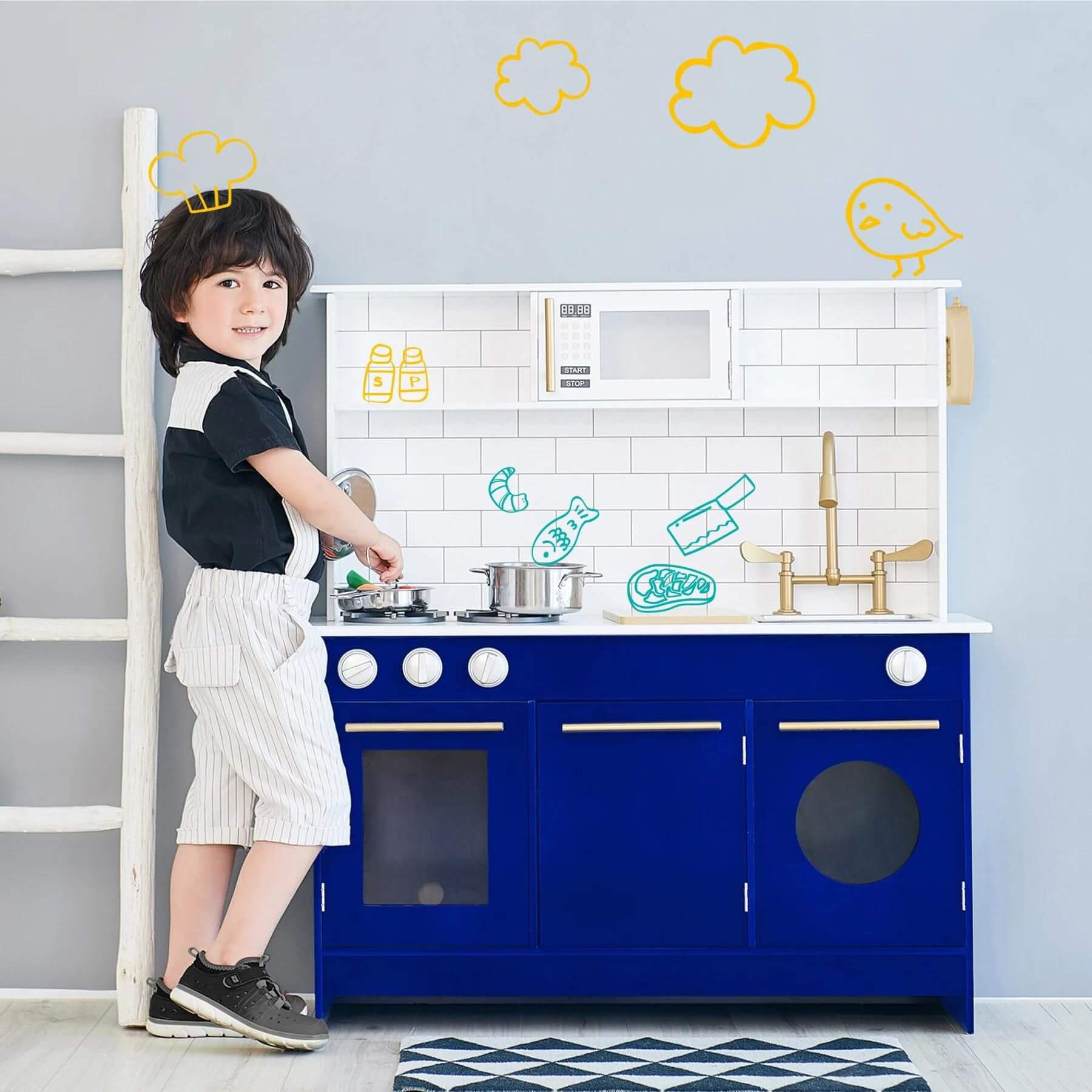 Boy Playing with Teamson Kids Little Chef Berlin Play Kitchen Blue/White