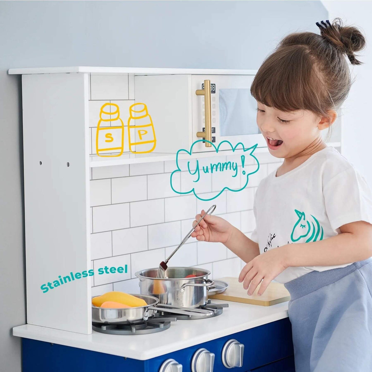 Girl Playing with Teamson Kids Little Chef Berlin Play Kitchen Blue/White