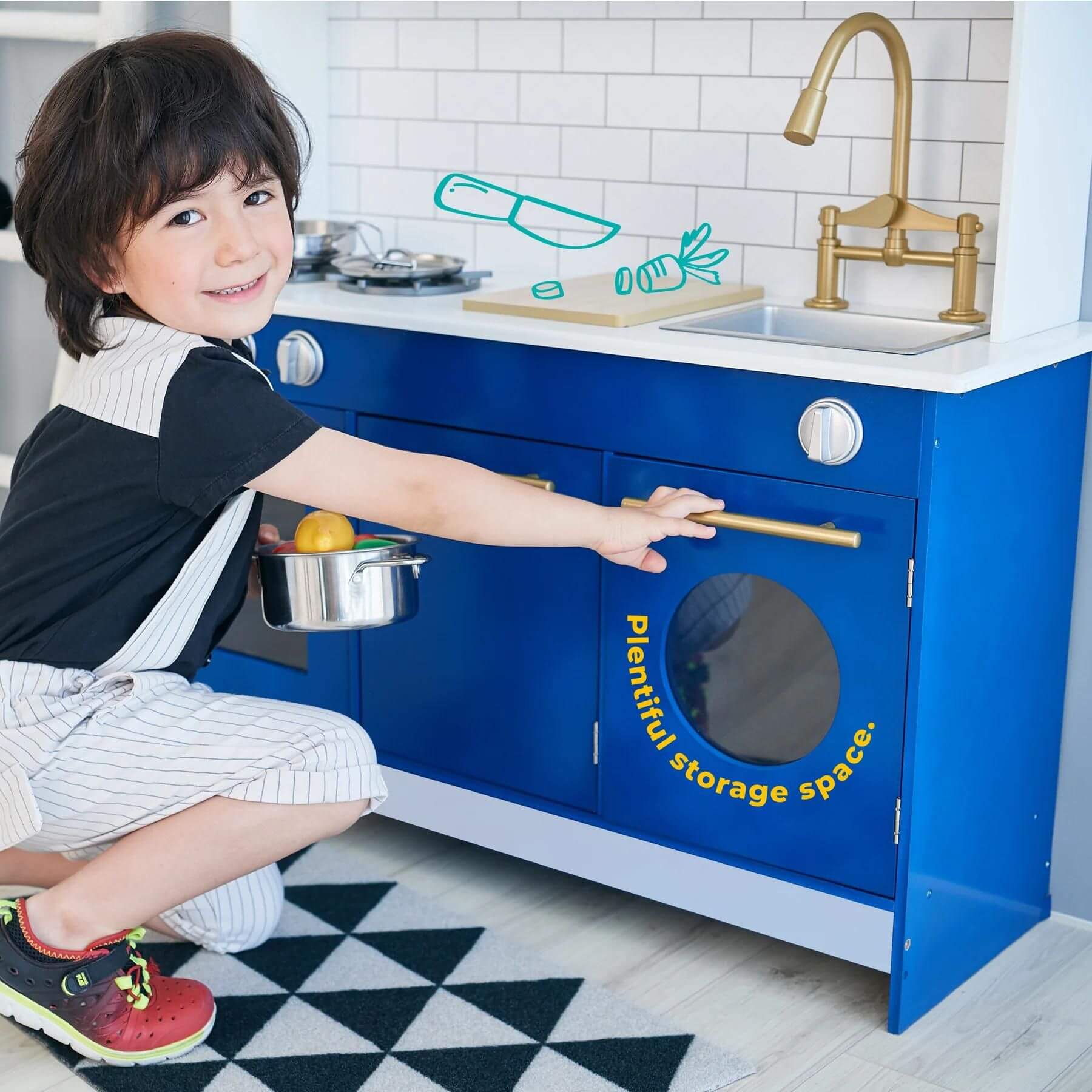 Boy Playing with Teamson Kids Little Chef Berlin Play Kitchen Blue/White