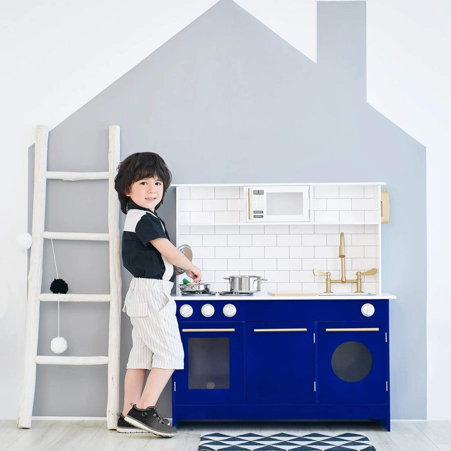 Boy Playing with Teamson Kids Little Chef Berlin Play Kitchen Blue/White