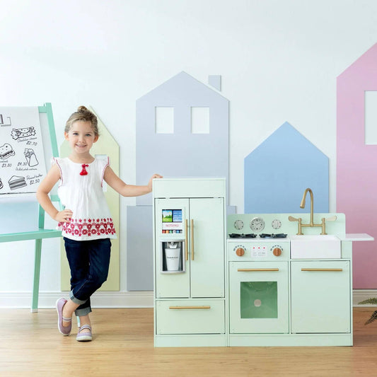 Girl with Teamson Kids Little Chef Charlotte Modern Play Kitchen Mint/Gold