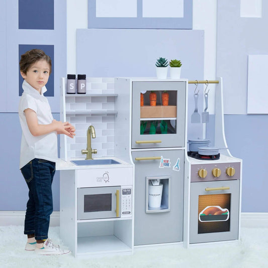 Boy Playing with Teamson Kids Little Chef Lyon Complete Kitchen Set Gray