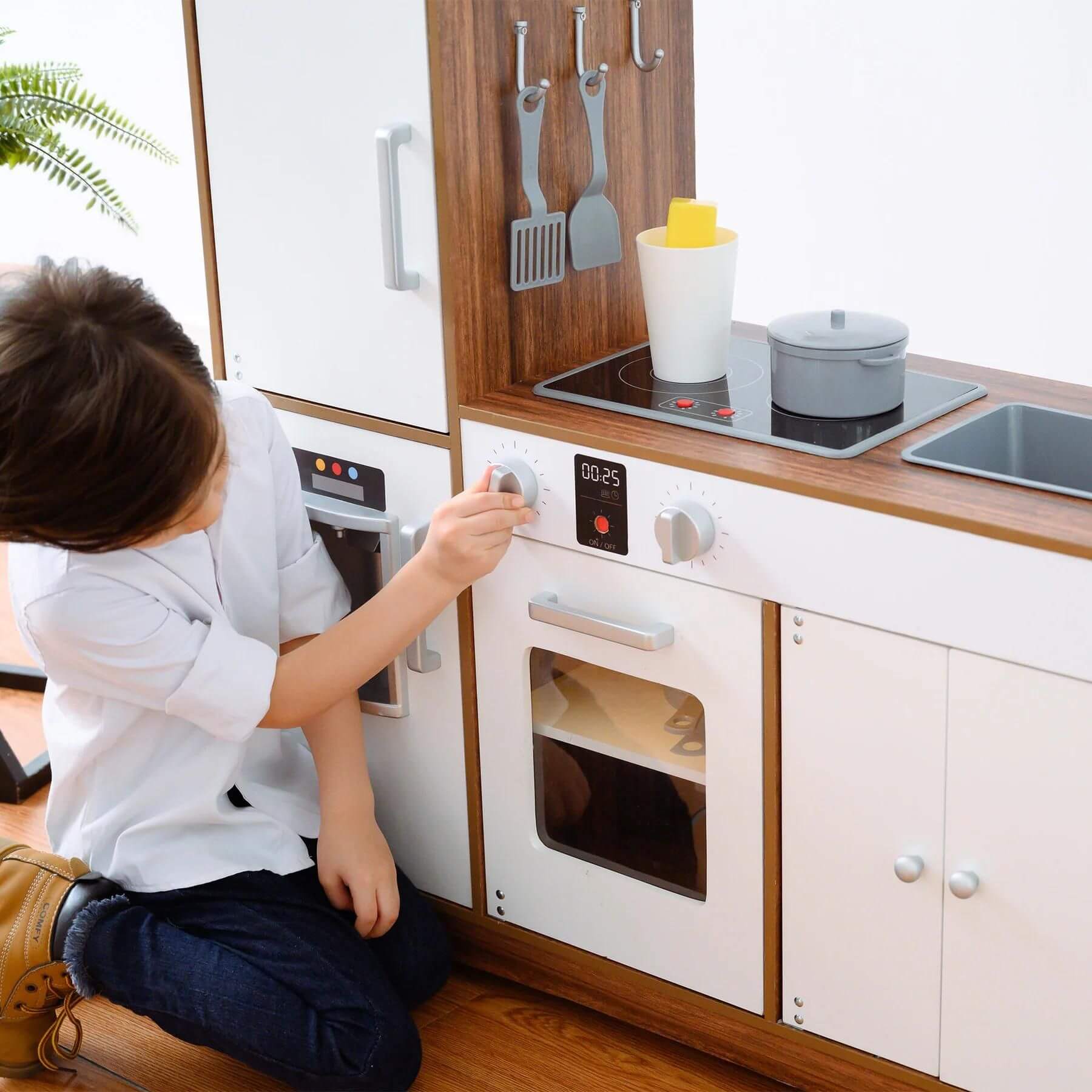 Boy Playing with Teamson Kids Little Chef Palm Springs Classic Kids Play Kitchen