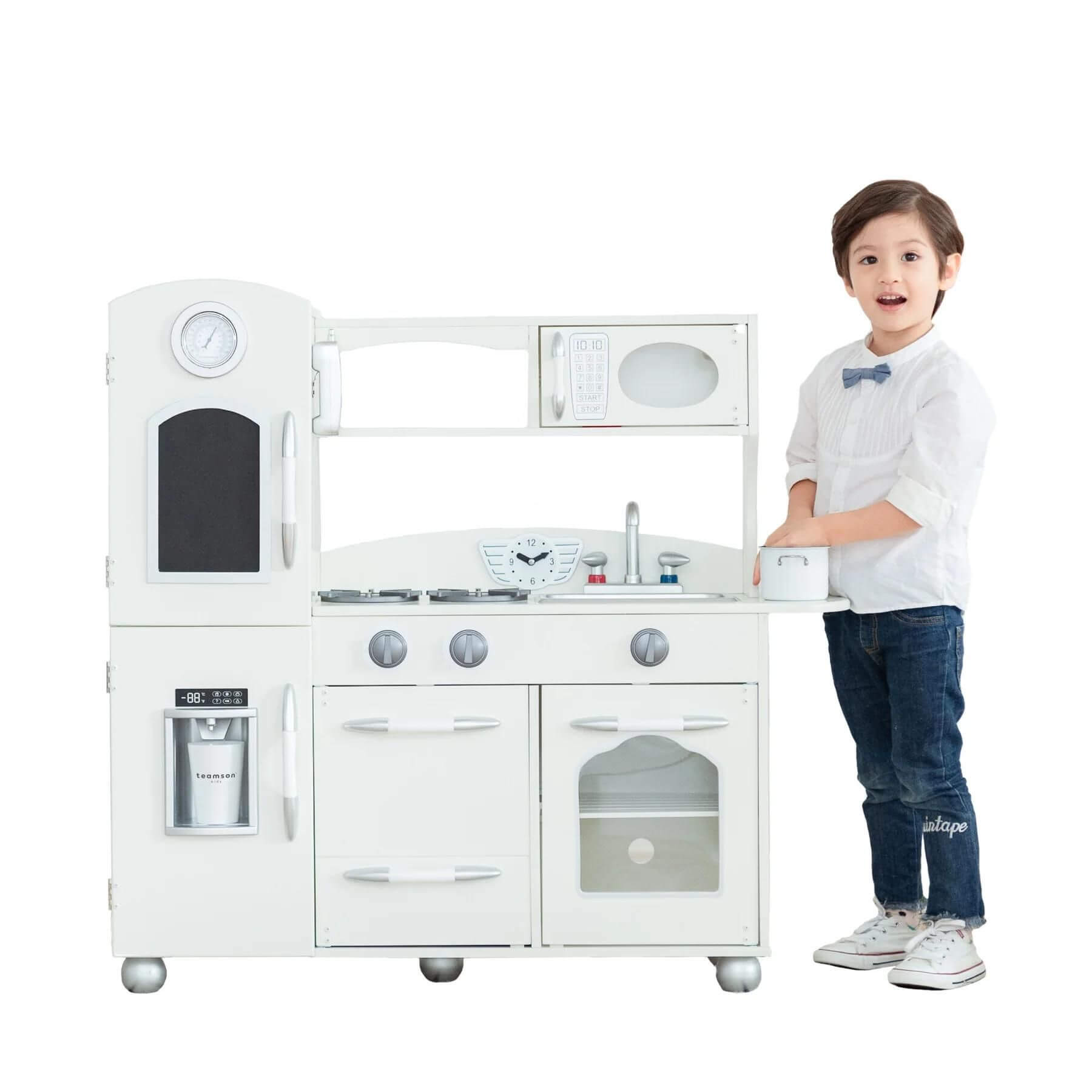 Boy with Teamson Kids Little Chef Westchester Retro Kids Kitchen Playset Ivory