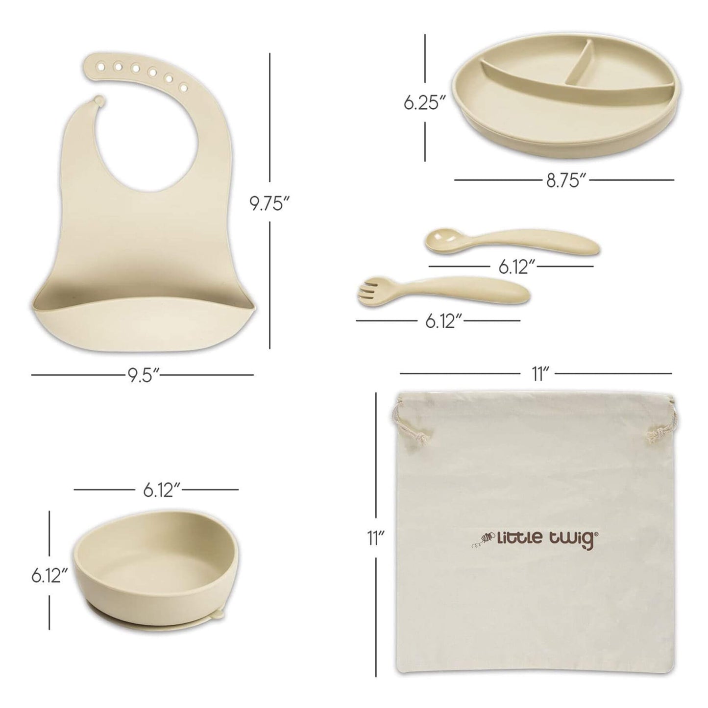 Dimensions of Little Twig Silicone 6 Pc Feeding Set Almond